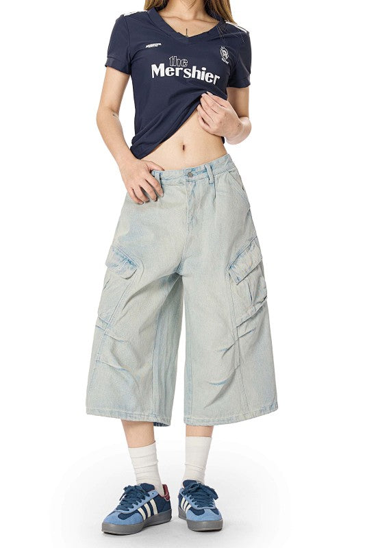 Yiaknis Light Blue Wide-Leg Denim Cargo Capri Pants – photo 15