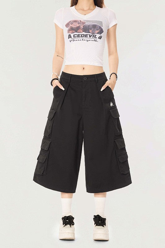 Yiaknis Black Wide-Leg Cargo Capri Pants with Side Pockets