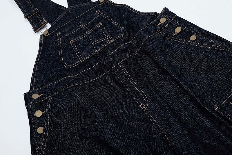 Yiaknis Dark Denim Cargo Overalls with Multiple Pockets - Wide Leg