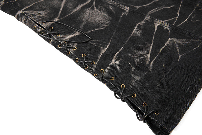 Yiaknis Black Washed Flared Jeans with Lace-Up Legs