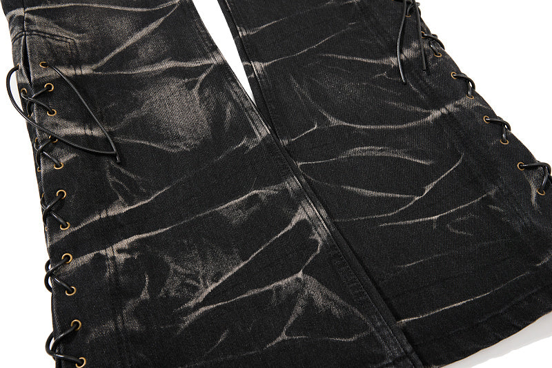 Yiaknis Black Washed Flared Jeans with Lace-Up Legs