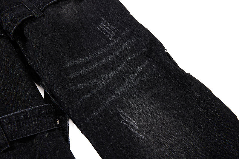 Yiaknis Black Washed Flared Jeans with Buckle Straps