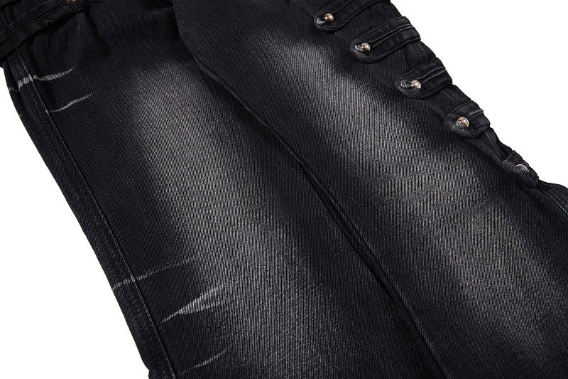 Yiaknis Black Washed Flared Jeans with Button Side Straps, Black
