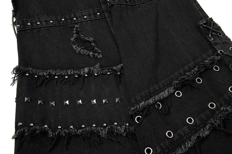 Yiaknis Black Flared Jeans with Studs and Lace-Up Panels