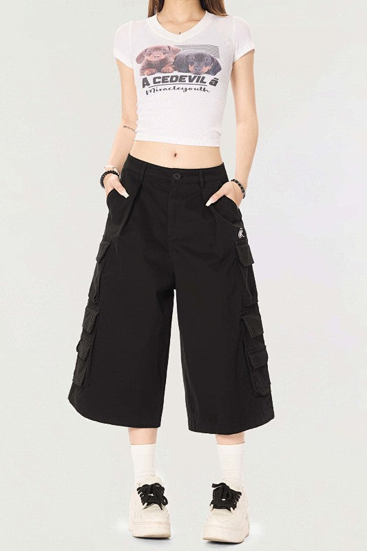 Yiaknis Black Wide-Leg Cargo Capri Pants with Side Pockets