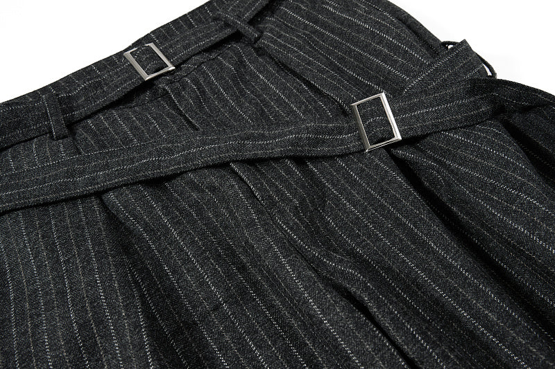 Yiaknis Black and Light Grey Pinstripe Wide-Leg Trousers, Belt Strap