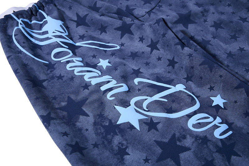 Yiaknis Wide-Leg Star Print Sweatpants, Script Print, Blue and Black