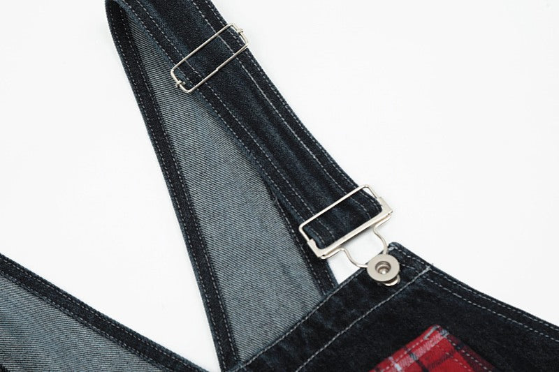 Yiaknis Dark Denim Overalls with Red Plaid Pockets and Cuffs