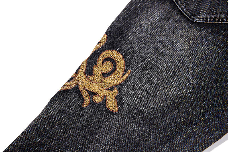 Yiaknis Black Flared Jeans with Gold Leg Embroidery