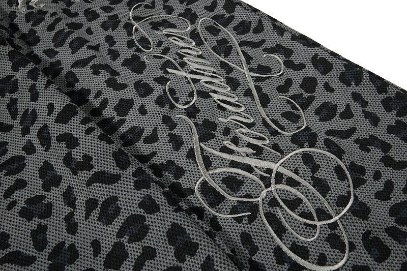 Yiaknis Leopard Print Sweatpants, Embroidered Patch, Grey and Blue