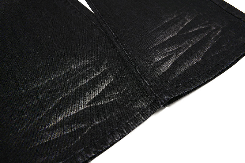 Yiaknis Black Washed Flared Jeans with Leopard Pattern, Black