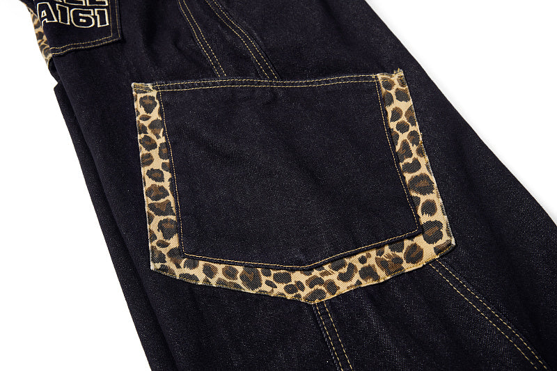 Yiaknis Denim Overalls with Leopard Print Pocket Trim - Dark Denim