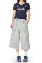 Yiaknis Light Blue Wide-Leg Denim Cargo Capri Pants – photo 16