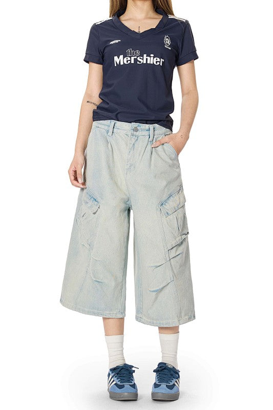 Yiaknis Light Blue Wide-Leg Denim Cargo Capri Pants – photo 16