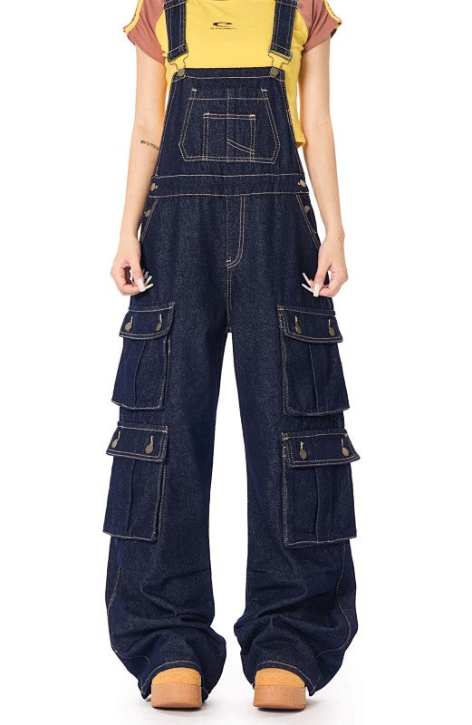 Yiaknis Dark Denim Cargo Overalls with Multiple Pockets - Wide Leg
