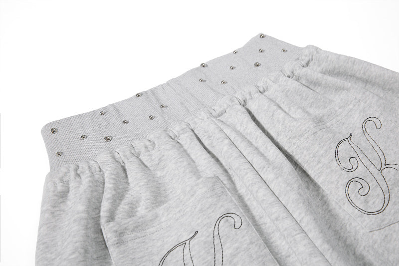 Yiaknis Wide-Leg Sweatpants, Studded Side Lines, Light Grey and Black