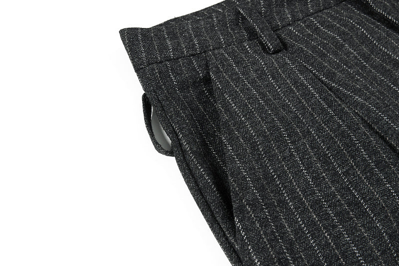 Yiaknis Black and Light Grey Pinstripe Wide-Leg Trousers, Belt Strap