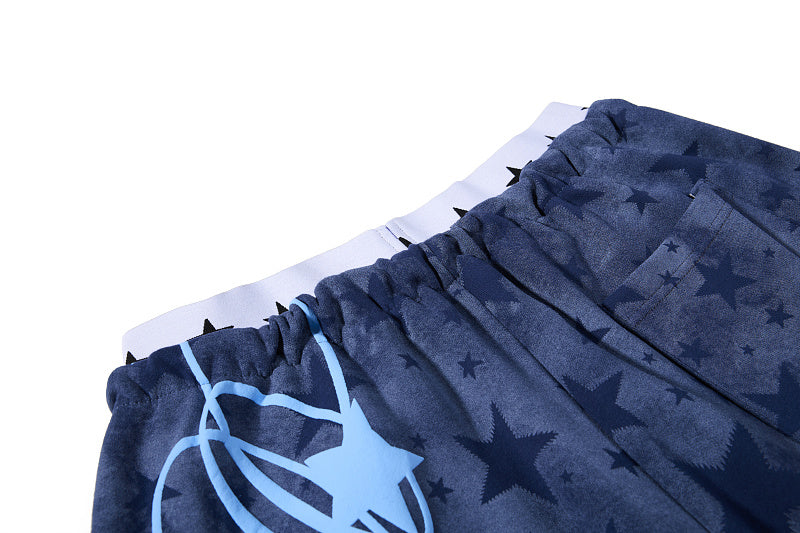 Yiaknis Wide-Leg Star Print Sweatpants, Script Print, Blue and Black
