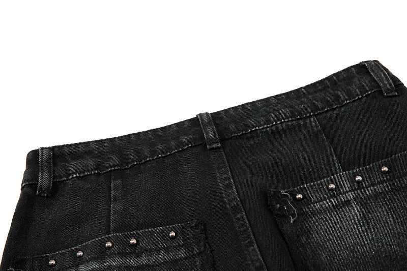 Yiaknis Black Flared Jeans with Studs and Lace-Up Panels