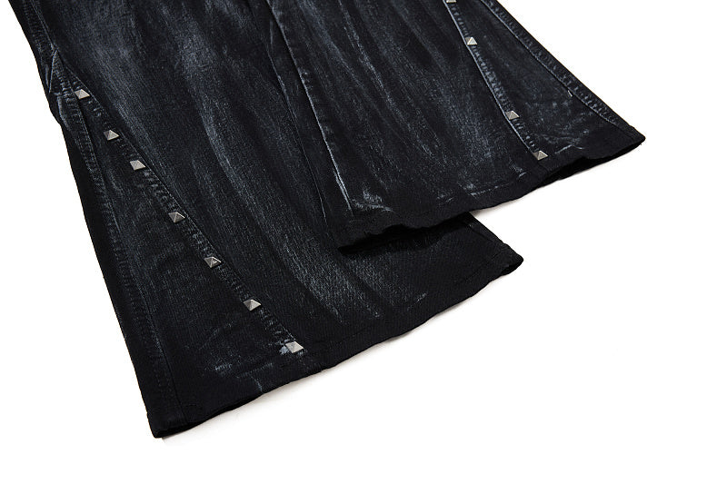 Yiaknis Black Washed Flared Jeans with Leg Studs