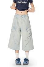 Yiaknis Light Blue Wide-Leg Denim Cargo Capri Pants – photo 17