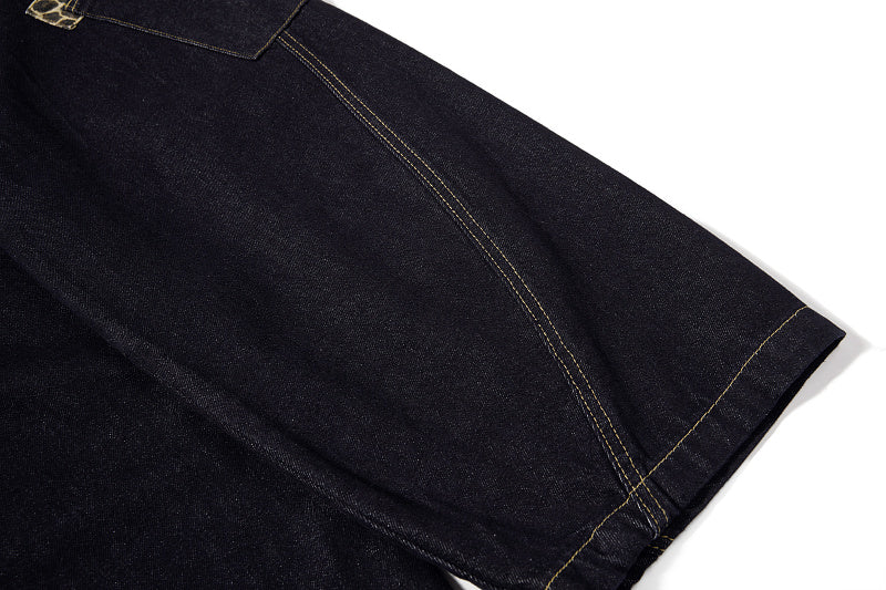 Yiaknis Denim Overalls with Leopard Print Pocket Trim - Dark Denim
