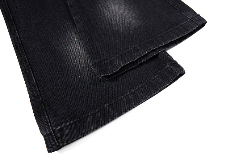 Yiaknis Black Washed Flared Jeans with Button Side Straps, Black