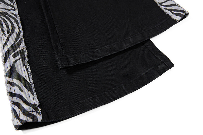 Yiaknis Black Flared Trousers with Zebra-Print Panels, Black