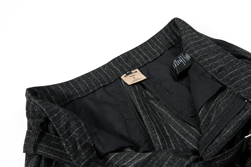 Yiaknis Black and Light Grey Pinstripe Wide-Leg Trousers, Belt Strap