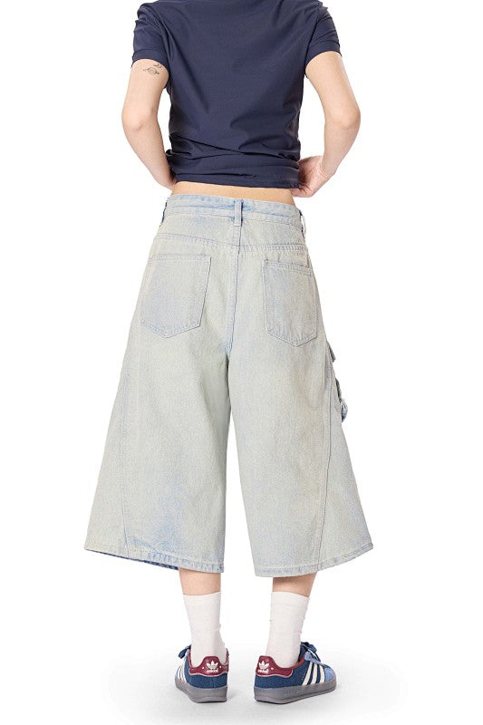 Yiaknis Light Blue Wide-Leg Denim Cargo Capri Pants – photo 18