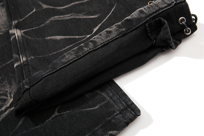 Yiaknis Black Washed Flared Jeans with Lace-Up Legs