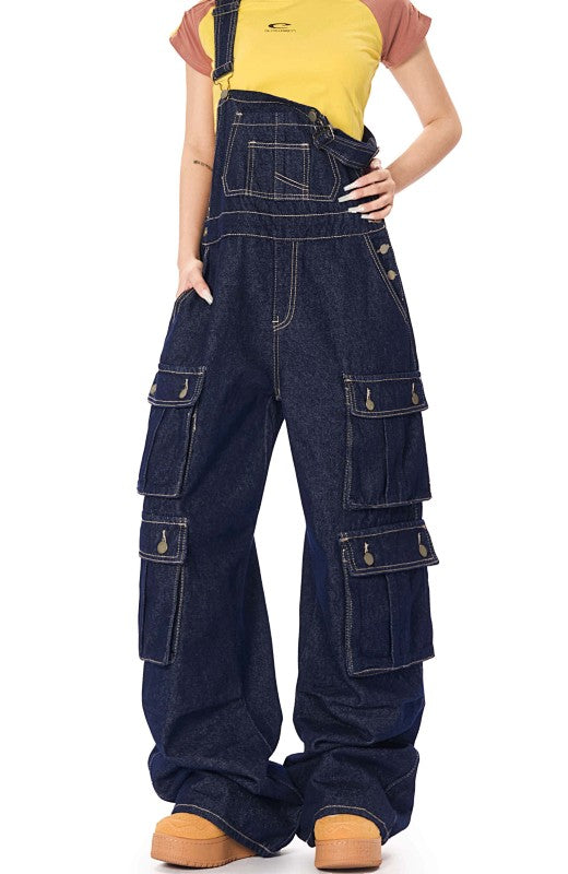 Yiaknis Dark Denim Cargo Overalls with Multiple Pockets - Wide Leg