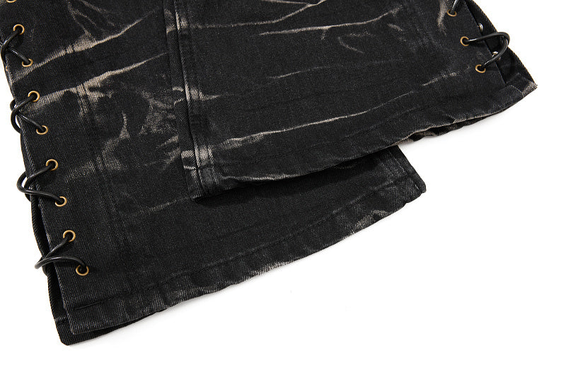 Yiaknis Black Washed Flared Jeans with Lace-Up Legs