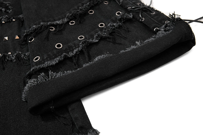 Yiaknis Black Flared Jeans with Studs and Lace-Up Panels