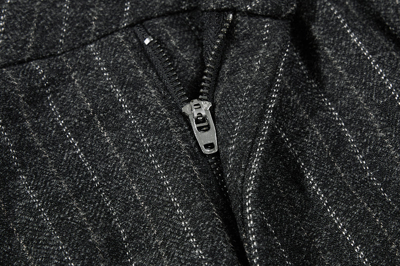 Yiaknis Black and Light Grey Pinstripe Wide-Leg Trousers, Belt Strap