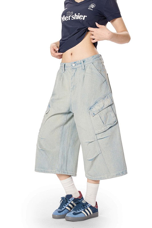 Yiaknis Light Blue Wide-Leg Denim Cargo Capri Pants – photo 19