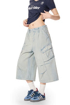 Yiaknis Light Blue Wide-Leg Denim Cargo Capri Pants – photo 19