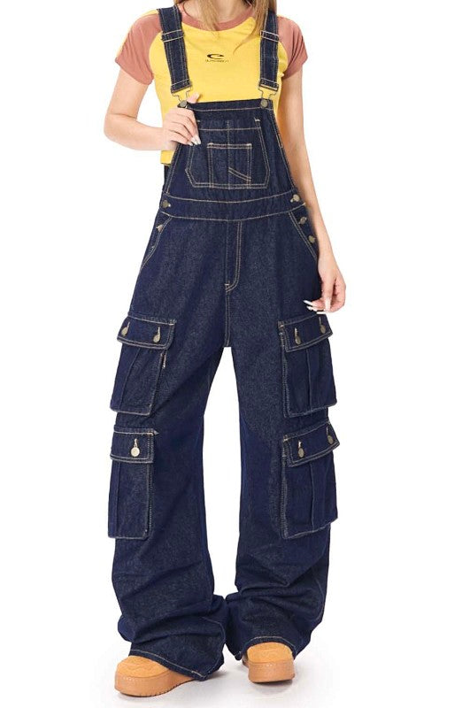 Yiaknis Dark Denim Cargo Overalls with Multiple Pockets - Wide Leg