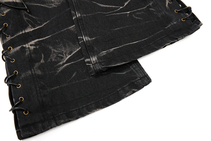 Yiaknis Black Washed Flared Jeans with Lace-Up Legs