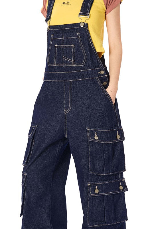 Yiaknis Dark Denim Cargo Overalls with Multiple Pockets - Wide Leg