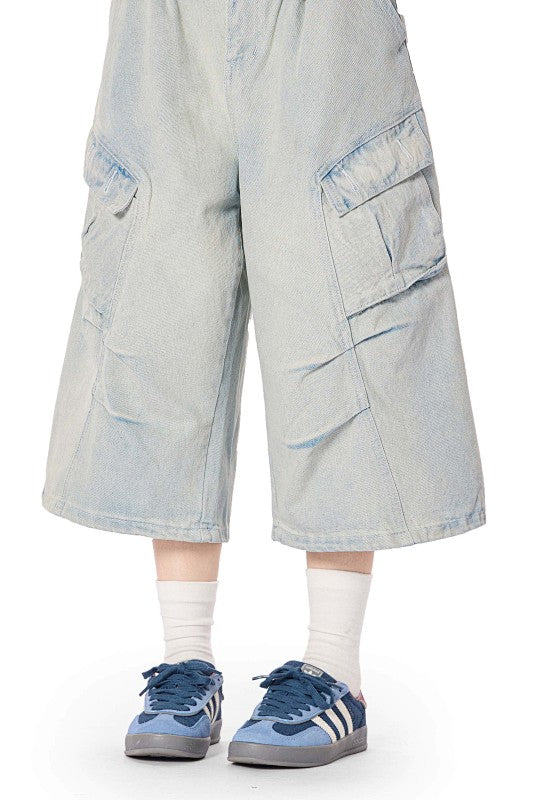 Yiaknis Light Blue Wide-Leg Denim Cargo Capri Pants – photo 21