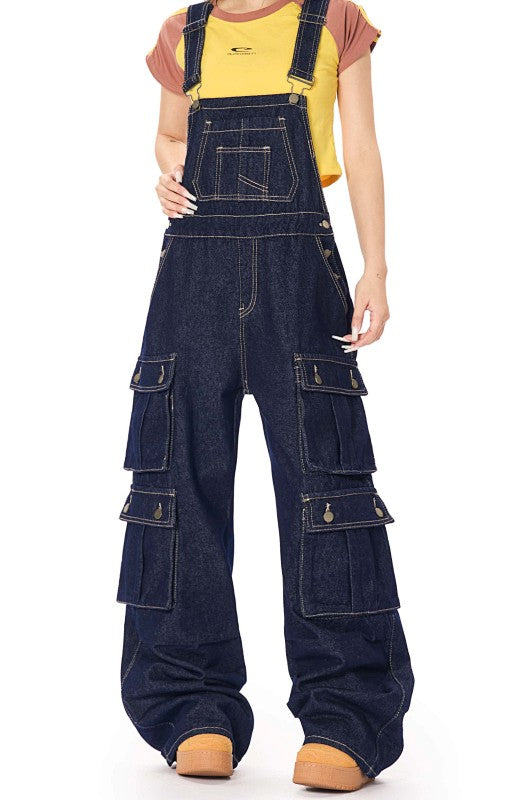 Yiaknis Dark Denim Cargo Overalls with Multiple Pockets - Wide Leg