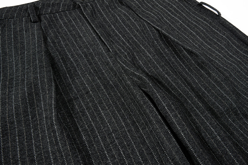 Yiaknis Black and Light Grey Pinstripe Wide-Leg Trousers, Belt Strap
