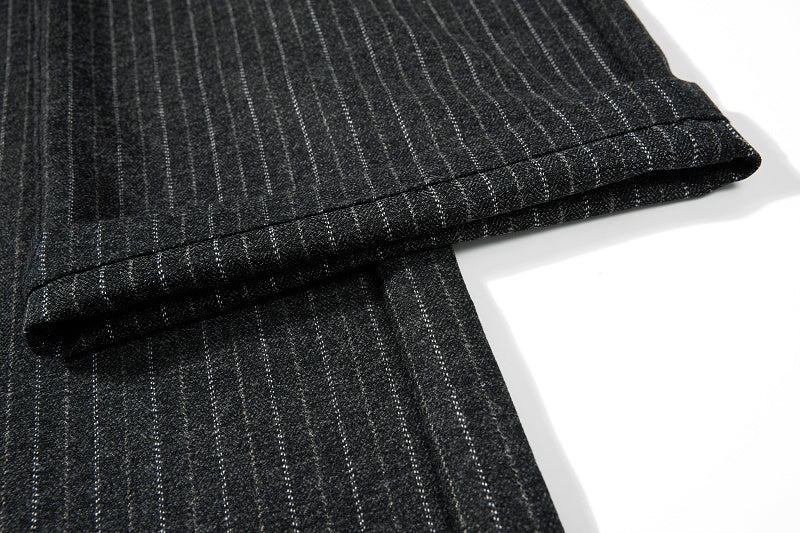 Yiaknis Black and Light Grey Pinstripe Wide-Leg Trousers, Belt Strap