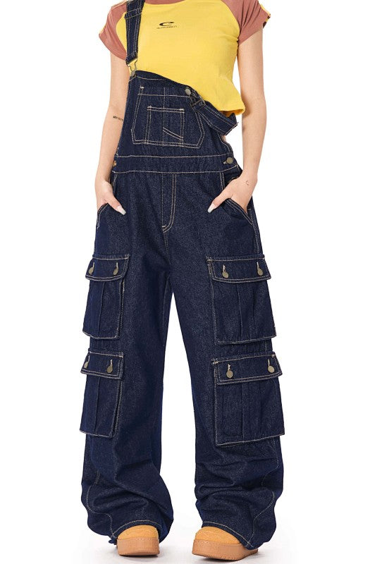 Yiaknis Dark Denim Cargo Overalls with Multiple Pockets - Wide Leg