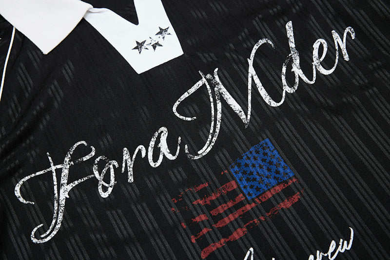 Yiaknis Men's Black and White V-Neck Polo Shirt, Script and Flag Print – photo 23