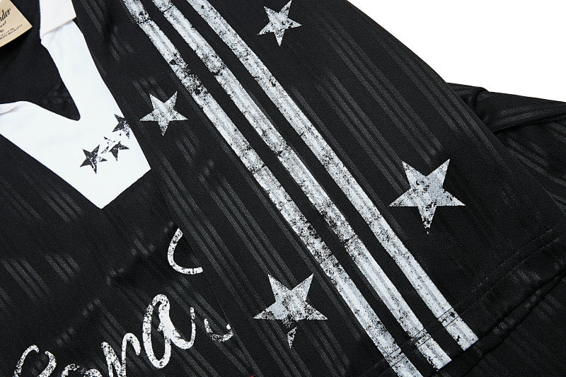 Yiaknis Men's Black and White V-Neck Polo Shirt, Script and Flag Print – photo 24