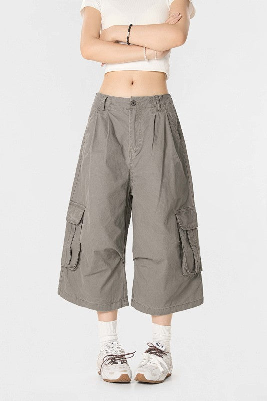 Yiaknis A-Line Cropped Trousers, Cargo Pockets, Grey and Light Grey