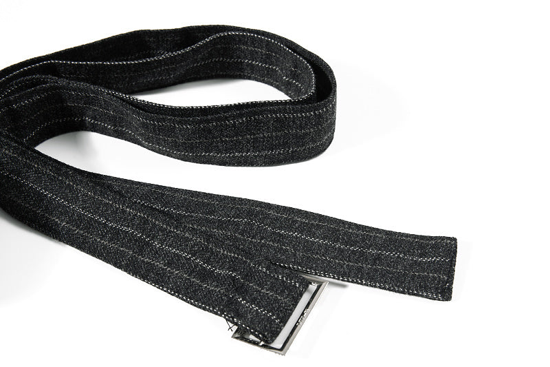 Yiaknis Black and Light Grey Pinstripe Wide-Leg Trousers, Belt Strap