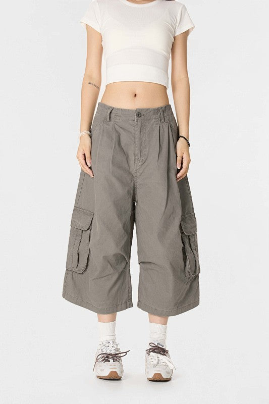 Yiaknis A-Line Cropped Trousers, Cargo Pockets, Grey and Light Grey